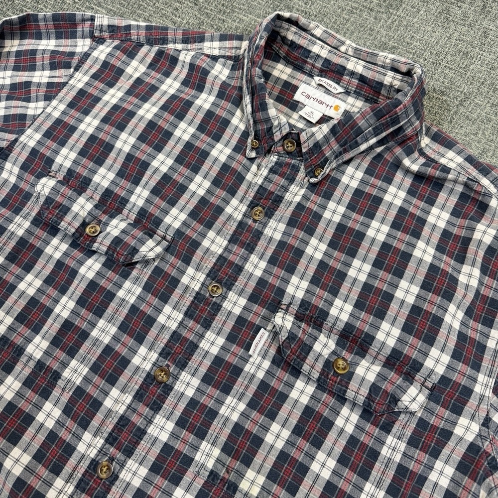 Carhartt Button‎ Up Shirt Men's XL Tall Blue Red Plaid Relaxed Fit Work